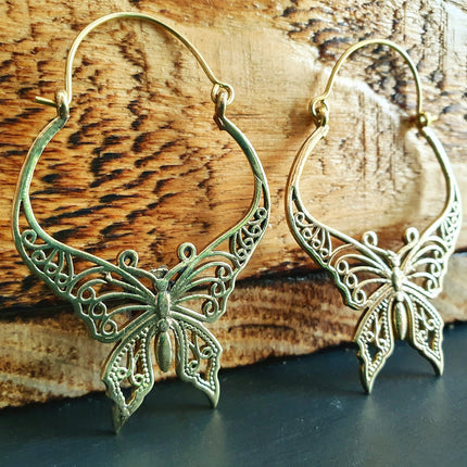 Butterfly Brass earrings; Boho Spring Mandala Nature Garden Ethnic Tribal Chic Gypsy Psy Earth Festival