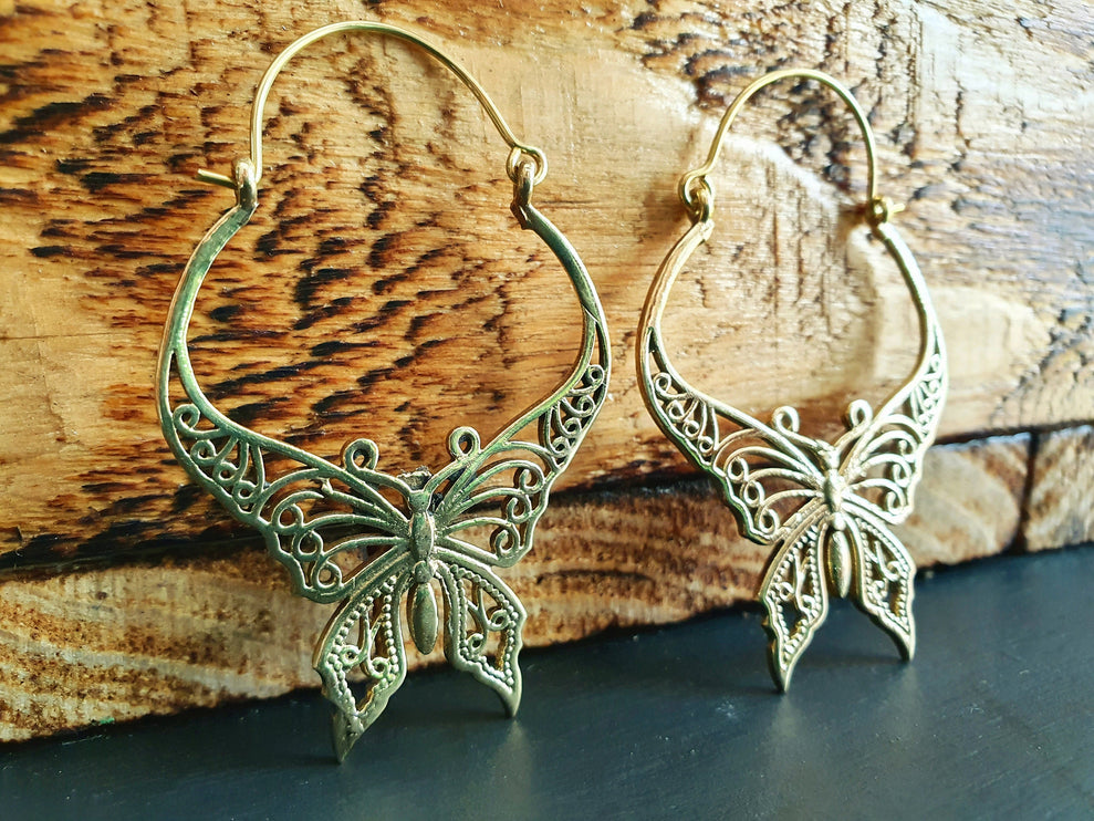 Butterfly Brass earrings; Boho Spring Mandala Nature Garden Ethnic Tribal Chic Gypsy Psy Earth Festival