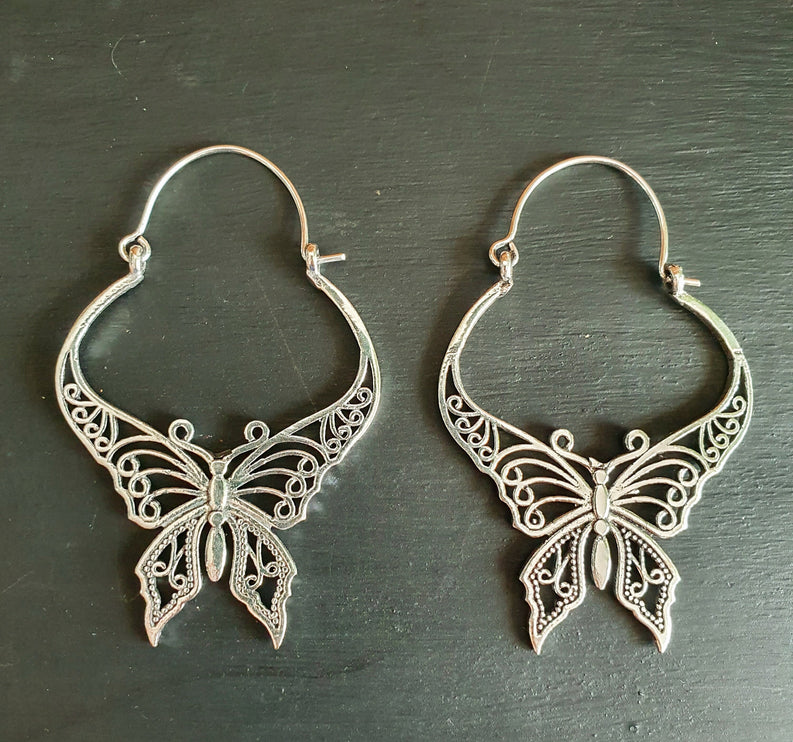 Silver Butterfly Earrings; Boho Spring Mandala Nature Garden Ethnic Tribal Chic Gypsy Psy Earth Festival