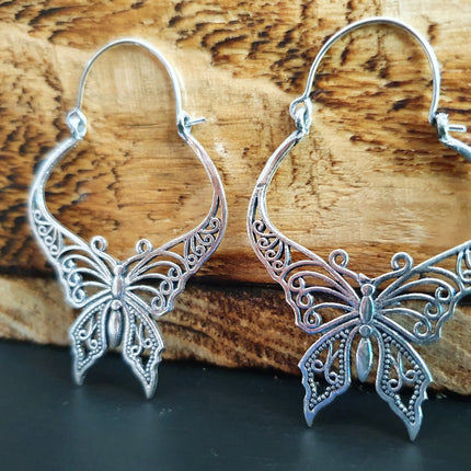 Silver Butterfly Earrings; Boho Spring Mandala Nature Garden Ethnic Tribal Chic Gypsy Psy Earth Festival