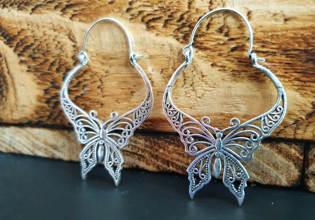 Silver Butterfly Earrings; Boho Spring Mandala Nature Garden Ethnic Tribal Chic Gypsy Psy Earth Festival