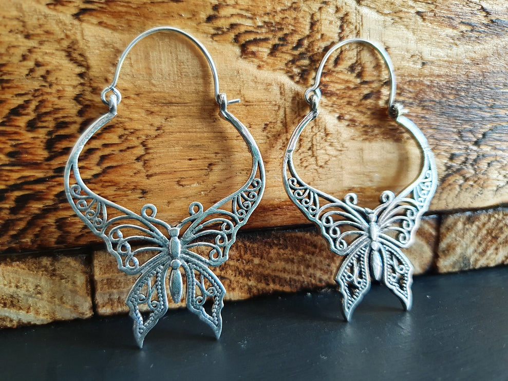 Silver Butterfly Earrings; Boho Spring Mandala Nature Garden Ethnic Tribal Chic Gypsy Psy Earth Festival