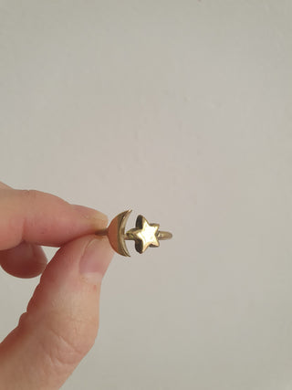 Star & Moon Brass Ring / Space / Adjustable / Boho / Ethnic / Rustic / Tribal / Gypsy / Festival / Indian / Healing / Festival