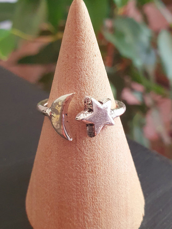 Star & Moon Silver Ring / Space / Adjustable / Boho / Ethnic / Rustic / Tribal / Gypsy / Festival / Indian / Healing / Festival