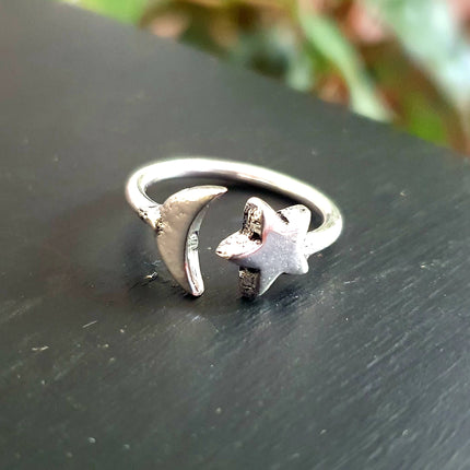 Star & Moon Silver Ring / Space / Adjustable / Boho / Ethnic / Rustic / Tribal / Gypsy / Festival / Indian / Healing / Festival