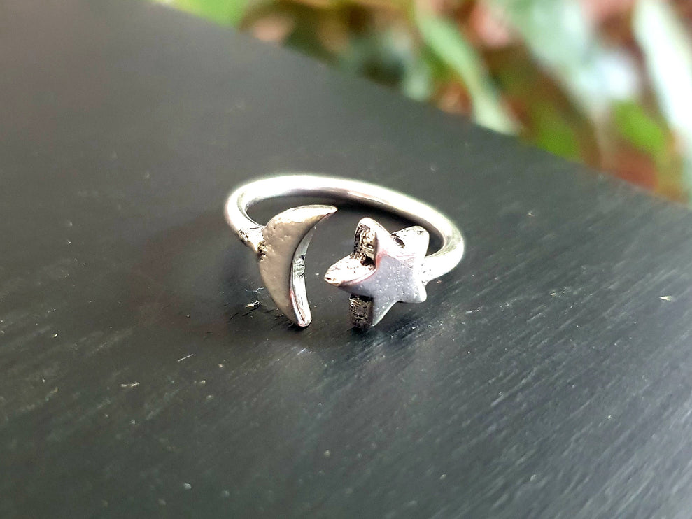 Star & Moon Silver Ring / Space / Adjustable / Boho / Ethnic / Rustic / Tribal / Gypsy / Festival / Indian / Healing / Festival