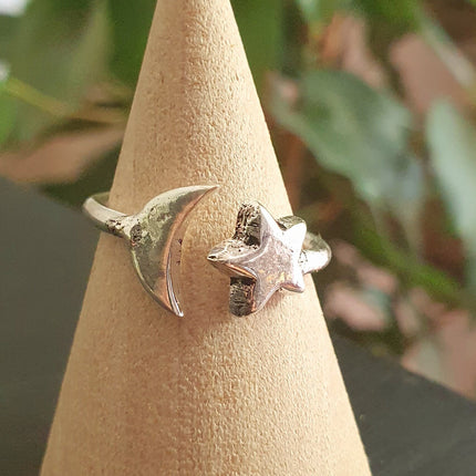 Star & Moon Silver Ring / Space / Adjustable / Boho / Ethnic / Rustic / Tribal / Gypsy / Festival / Indian / Healing / Festival