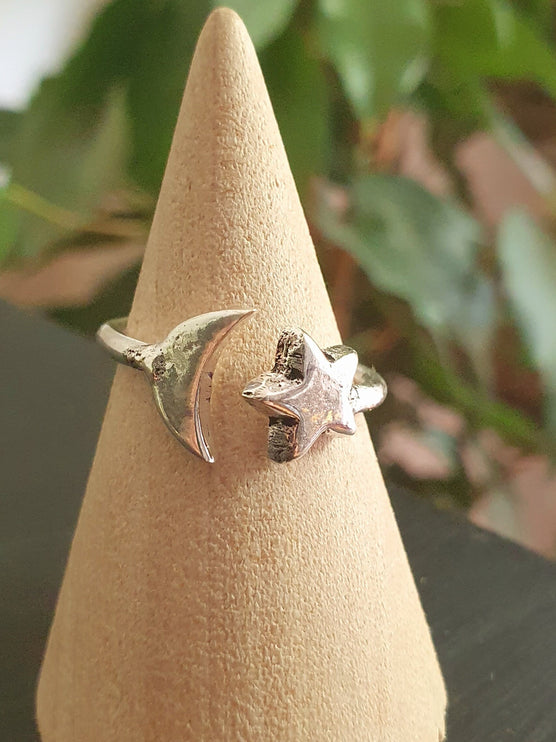 Star & Moon Silver Ring / Space / Adjustable / Boho / Ethnic / Rustic / Tribal / Gypsy / Festival / Indian / Healing / Festival