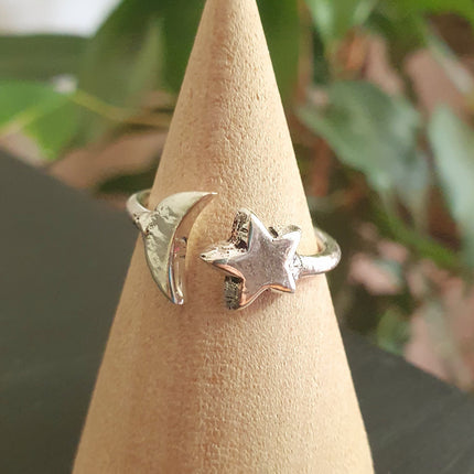 Star & Moon Silver Ring / Space / Adjustable / Boho / Ethnic / Rustic / Tribal / Gypsy / Festival / Indian / Healing / Festival