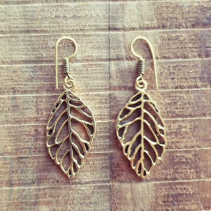 Solid Leaf Brass Earrings; Ethnic, Nature, Garden, Geometric, rustic, yoga, hippie, gypsy, pretty, psy, boho, bohemian, festival