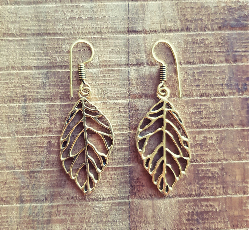 Solid Leaf Brass Earrings; Ethnic, Nature, Garden, Geometric, rustic, yoga, hippie, gypsy, pretty, psy, boho, bohemian, festival