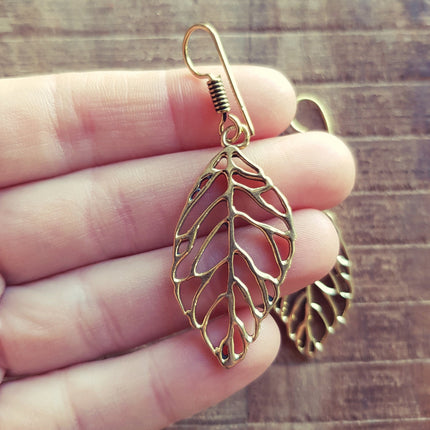 Solid Leaf Brass Earrings; Ethnic, Nature, Garden, Geometric, rustic, yoga, hippie, gypsy, pretty, psy, boho, bohemian, festival