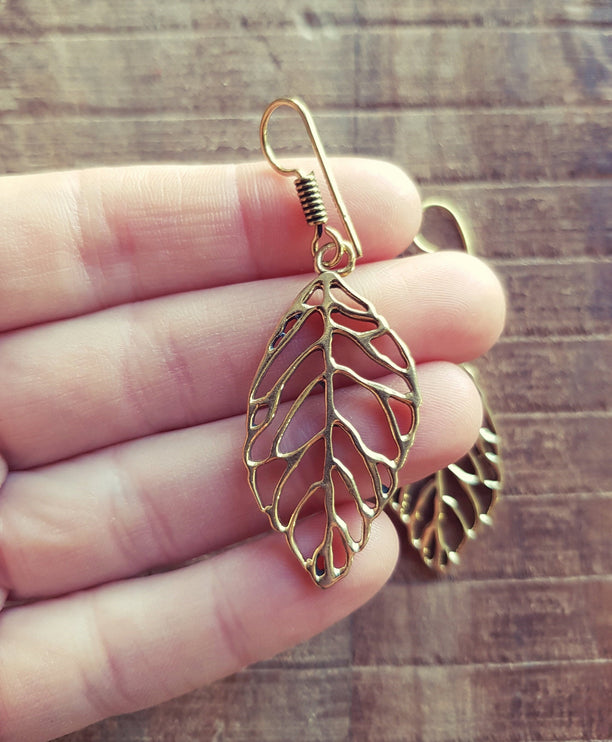 Solid Leaf Brass Earrings; Ethnic, Nature, Garden, Geometric, rustic, yoga, hippie, gypsy, pretty, psy, boho, bohemian, festival