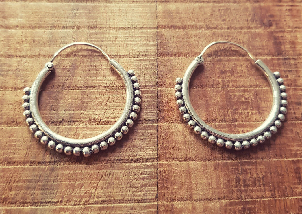 Tribal Silver Hoop Earrings; Ethnic, Geometric, Small, Rustic, Yoga, Hippie, Gypsy, Pretty, Psy, Boho, Bohemian, Festival