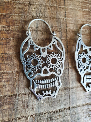 Mexican Sugar Skull Silver Earrings; Day of the Dead Ethnic Boho Rustic Chic Gypsy Spiral Hippie Tribal Bohemian style