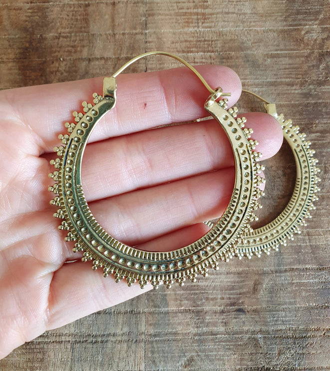 Large Boho Gold Hoops Tunnels; Boho Ethnic Rustic Indian Festival Psy Gypsy Spiral Hippie style