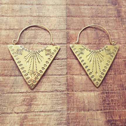 Geometric Tribal Triangle Aztec Style Brass Earrings; Ethnic, Geometric, rustic, yoga, hippie, gypsy, pretty, psy, boho, bohemian, festival