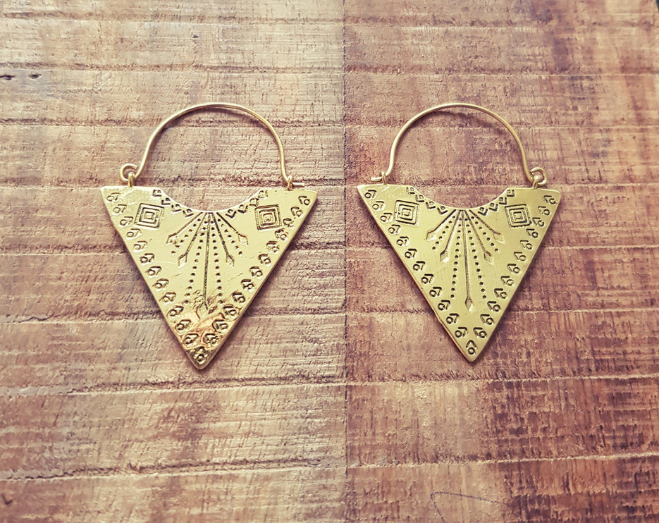 Geometric Tribal Triangle Aztec Style Brass Earrings; Ethnic, Geometric, rustic, yoga, hippie, gypsy, pretty, psy, boho, bohemian, festival