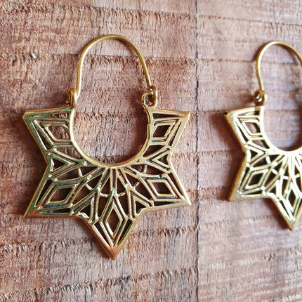 Ethnic Golden Star Mandala Brass Earrings; Ethnic, rustic, yoga, hippie, gypsy, pretty, psy, boho, bohemian, festival, geometric