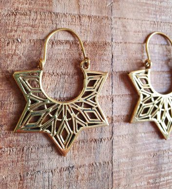 Ethnic Golden Star Mandala Brass Earrings; Ethnic, rustic, yoga, hippie, gypsy, pretty, psy, boho, bohemian, festival, geometric