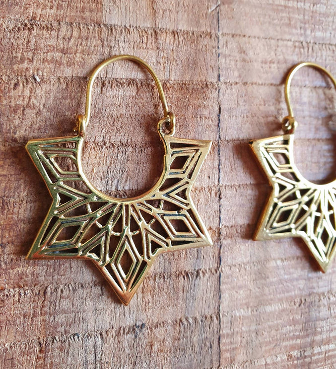 Ethnic Golden Star Mandala Brass Earrings; Ethnic, rustic, yoga, hippie, gypsy, pretty, psy, boho, bohemian, festival, geometric