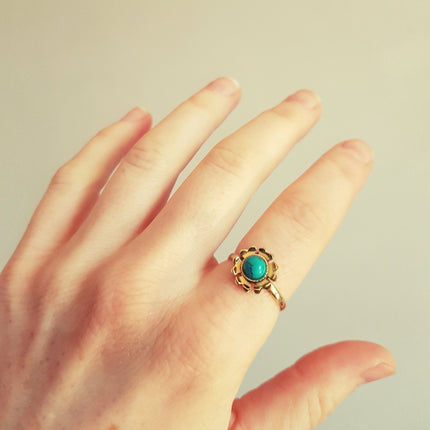 Flower Boho Turquoise Brass Ring / Pretty / Ethnic / Rustic / Festival / Tribal / Blue / Hippie / Gypsy / Psy / Stone / Healing