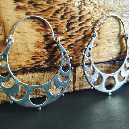 Moon Hoops Silver Earrings / Galaxy Boho Bohemian Cute Yoga Ethnic Boho Rustic Chic Gypsy Spiral Hippie Tribal style