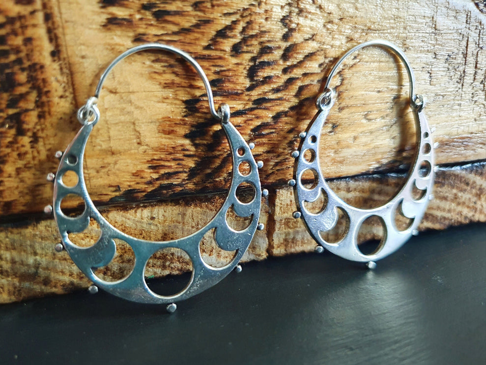 Moon Hoops Silver Earrings / Galaxy Boho Bohemian Cute Yoga Ethnic Boho Rustic Chic Gypsy Spiral Hippie Tribal style