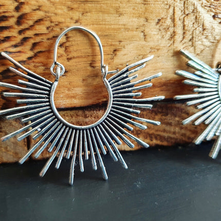 Sunrays Steampunk Silver Hoop Earrings / Galaxy Boho Bohemian Geometric Yoga Ethnic Boho Rustic Chic Gypsy Spiral Hippie Tribal style