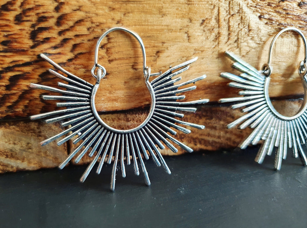 Sunrays Steampunk Silver Hoop Earrings / Galaxy Boho Bohemian Geometric Yoga Ethnic Boho Rustic Chic Gypsy Spiral Hippie Tribal style