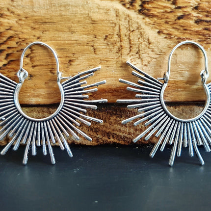 Sunrays Steampunk Silver Hoop Earrings / Galaxy Boho Bohemian Geometric Yoga Ethnic Boho Rustic Chic Gypsy Spiral Hippie Tribal style