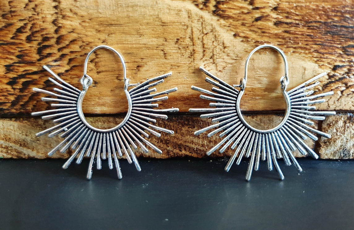 Sunrays Steampunk Silver Hoop Earrings / Galaxy Boho Bohemian Geometric Yoga Ethnic Boho Rustic Chic Gypsy Spiral Hippie Tribal style