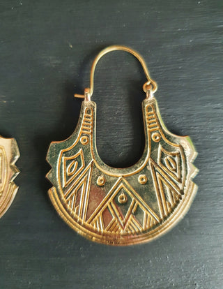 Aztec Geometric Brass earrings; Ethnic Tribal Chic Gypsy Psy style, earth, illuminati, nature, third eye