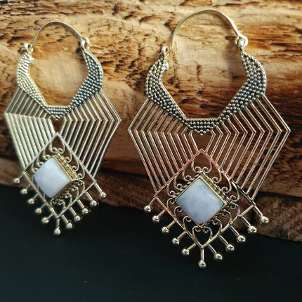 Ethnic Geometric Moonstone Brass Earrings / Tribal / Rustic / Yoga / Hippie / Gypsy / Psy / Boho / Bohemian / Festival