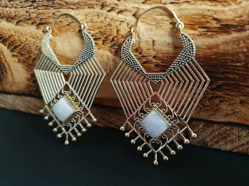 Ethnic Geometric Moonstone Brass Earrings / Tribal / Rustic / Yoga / Hippie / Gypsy / Psy / Boho / Bohemian / Festival