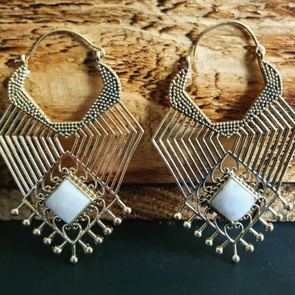 Ethnic Geometric Moonstone Brass Earrings / Tribal / Rustic / Yoga / Hippie / Gypsy / Psy / Boho / Bohemian / Festival