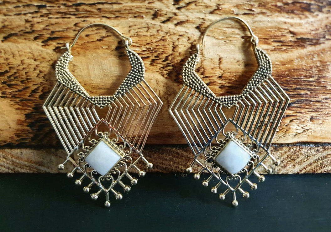 Ethnic Geometric Moonstone Brass Earrings / Tribal / Rustic / Yoga / Hippie / Gypsy / Psy / Boho / Bohemian / Festival