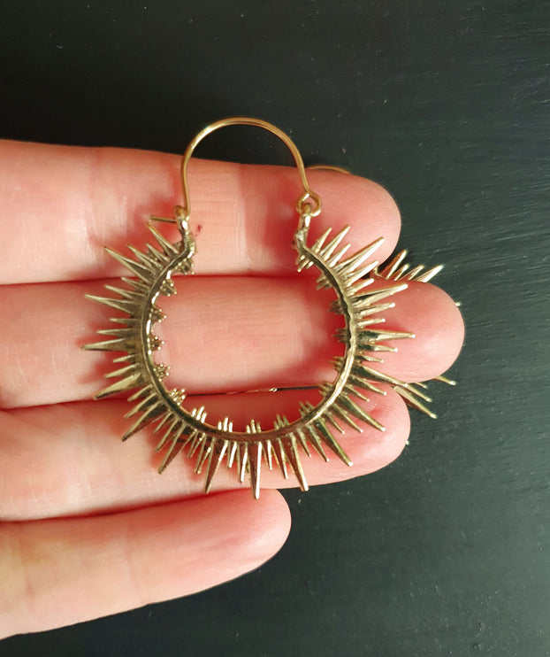 Spiky Hoops Steampunk Brass Hoop Earrings / Galaxy Boho Bohemian Geometric Yoga Ethnic Boho Rustic Chic Gypsy Spiral Hippie Tribal style