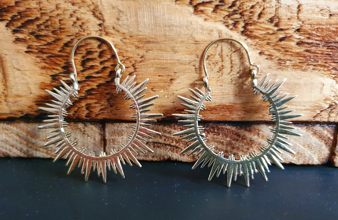 Spiky Hoops Steampunk Brass Hoop Earrings / Galaxy Boho Bohemian Geometric Yoga Ethnic Boho Rustic Chic Gypsy Spiral Hippie Tribal style