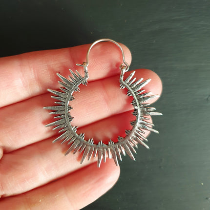 Spiky Hoops Steampunk Silver Hoop Earrings / Galaxy Boho Bohemian Geometric Yoga Ethnic Boho Rustic Chic Gypsy Spiral Hippie Tribal style