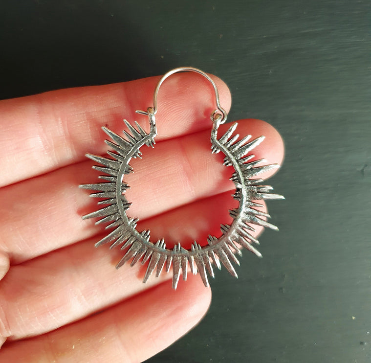 Spiky Hoops Steampunk Silver Hoop Earrings / Galaxy Boho Bohemian Geometric Yoga Ethnic Boho Rustic Chic Gypsy Spiral Hippie Tribal style