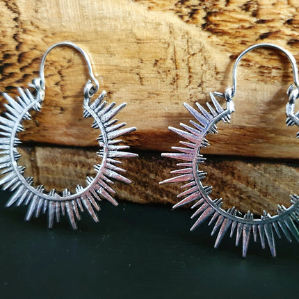 Spiky Hoops Steampunk Silver Hoop Earrings / Galaxy Boho Bohemian Geometric Yoga Ethnic Boho Rustic Chic Gypsy Spiral Hippie Tribal style