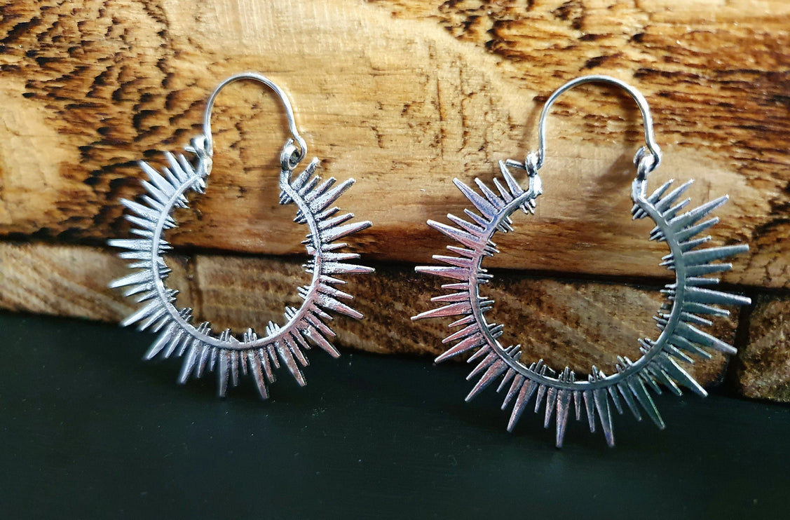 Spiky Hoops Steampunk Silver Hoop Earrings / Galaxy Boho Bohemian Geometric Yoga Ethnic Boho Rustic Chic Gypsy Spiral Hippie Tribal style