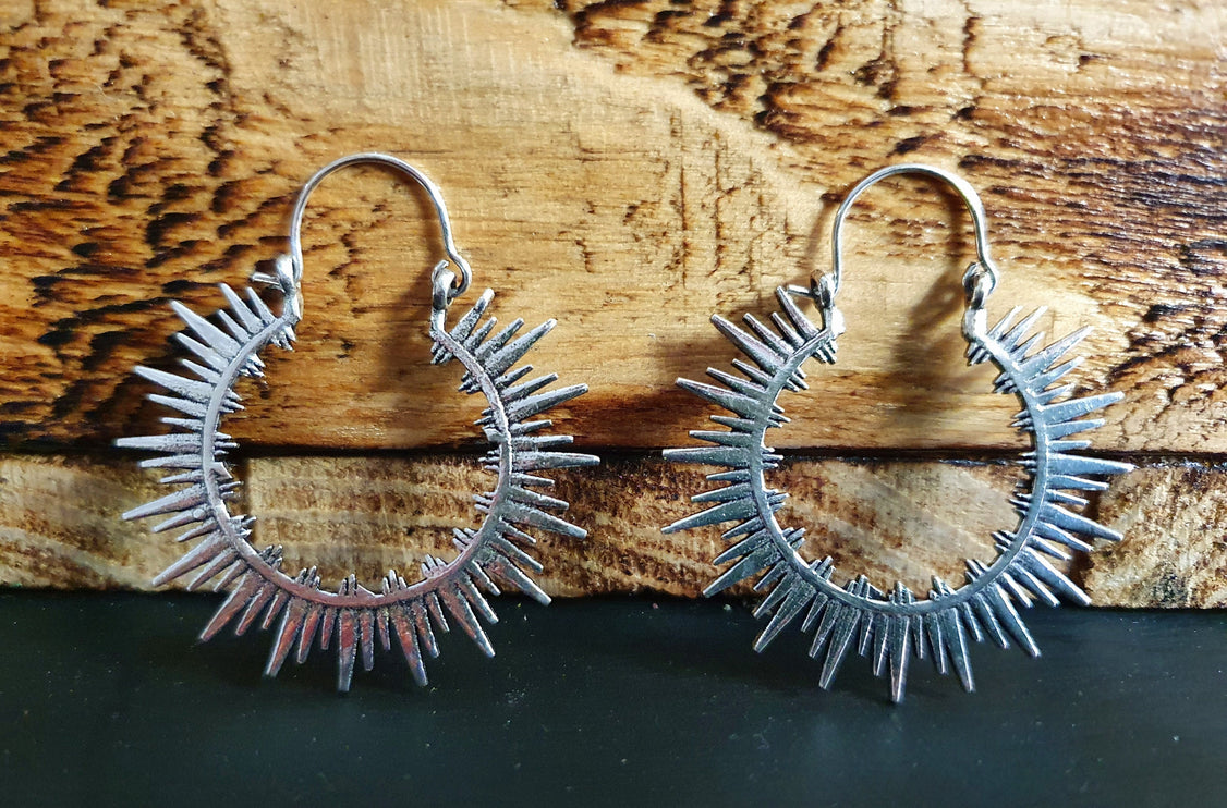 Spiky Hoops Steampunk Silver Hoop Earrings / Galaxy Boho Bohemian Geometric Yoga Ethnic Boho Rustic Chic Gypsy Spiral Hippie Tribal style