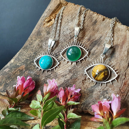Silver Evil Eye Necklace / Green Onyx / Stainless Steel Chain / Stone / Ethnic / Hypoallergenic / Third Eye / Illuminati