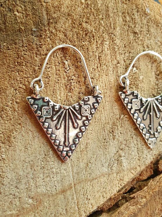 Mini Boho Silver Triangle Tribal Earrings; Ethnic, Geometric, Small, Rustic, Yoga, Hippie, Gypsy, Pretty, Ssy, Boho, Bohemian, Festival