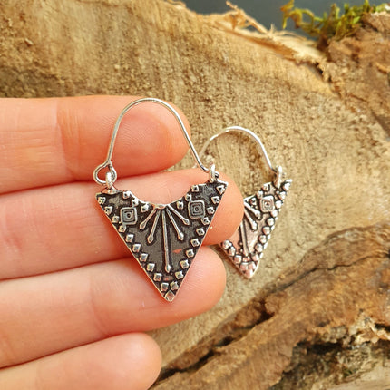 Mini Boho Silver Triangle Tribal Earrings; Ethnic, Geometric, Small, Rustic, Yoga, Hippie, Gypsy, Pretty, Ssy, Boho, Bohemian, Festival