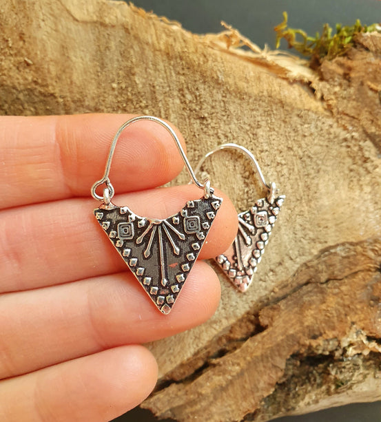 Mini Boho Silver Triangle Tribal Earrings; Ethnic, Geometric, Small, Rustic, Yoga, Hippie, Gypsy, Pretty, Ssy, Boho, Bohemian, Festival