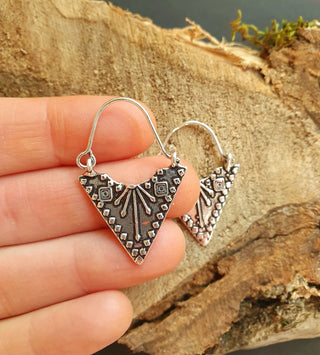 Mini Boho Silver Triangle Tribal Earrings; Ethnic, Geometric, Small, Rustic, Yoga, Hippie, Gypsy, Pretty, Ssy, Boho, Bohemian, Festival