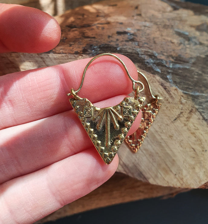 Mini Boho Brass Triangle Tribal Earrings; Ethnic, Geometric, Small, Rustic, Yoga, Hippie, Gypsy, Pretty, Ssy, Boho, Bohemian, Festival